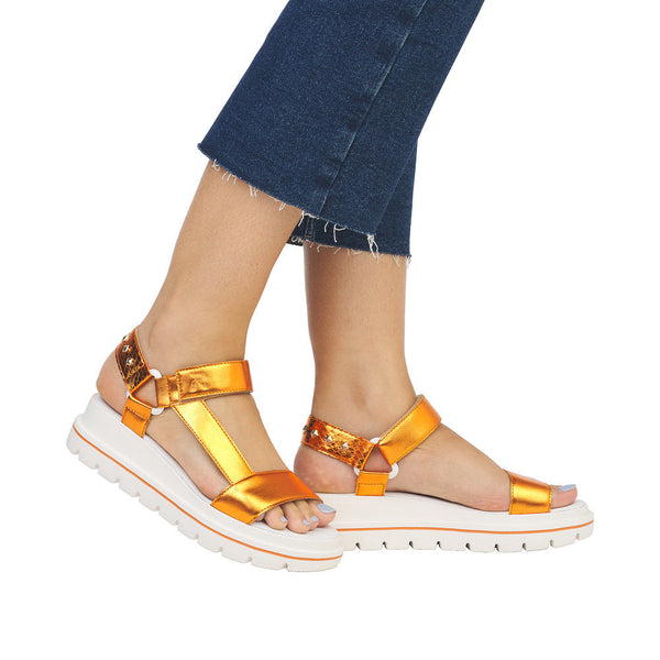 Rieker W1651-38 Ladies Orange Touch Fastening Sandals-elevate your sole