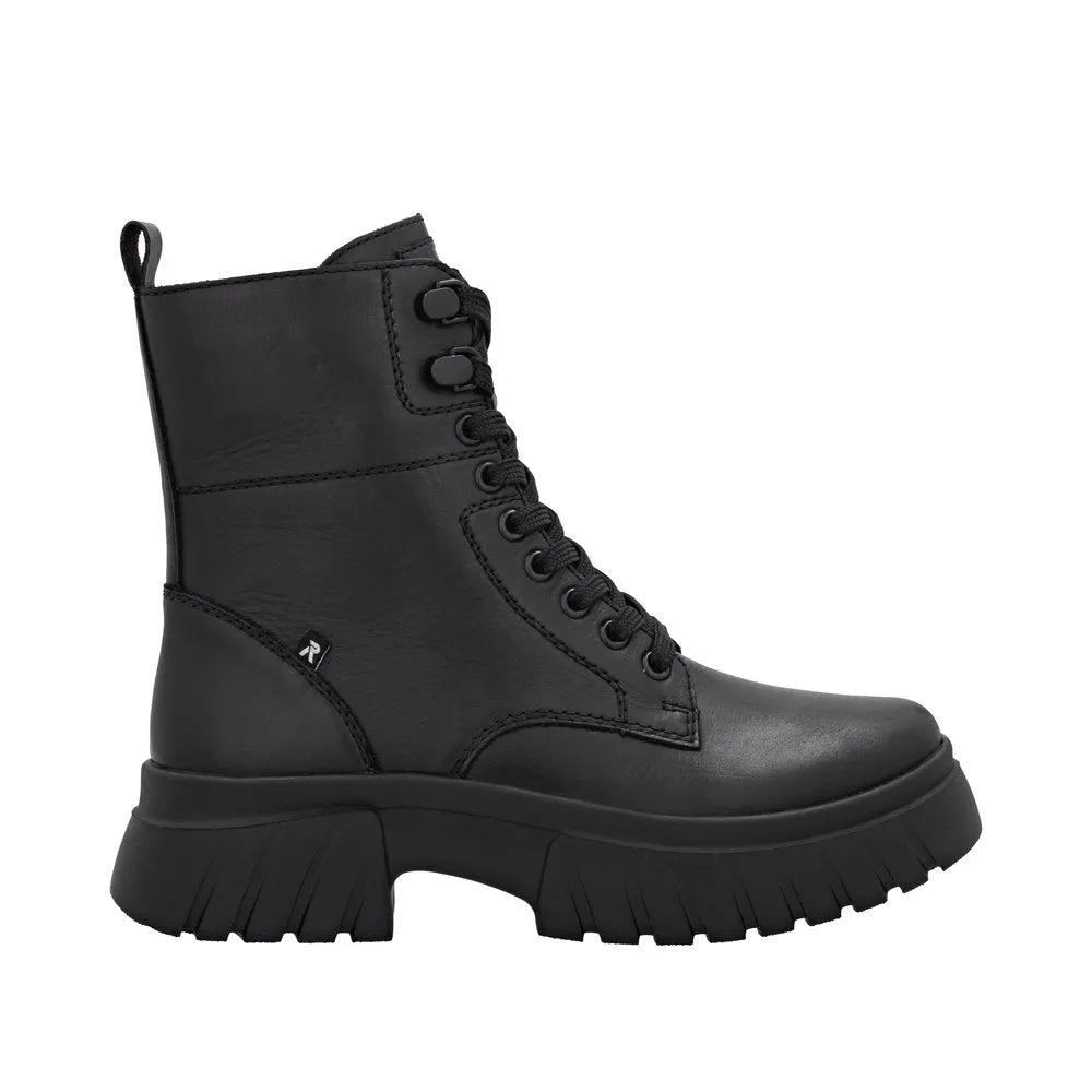 Rieker W1870-02 women's black leather ankle boots with lace-up and zipper closure, chunky sole, stylish and durable design.
