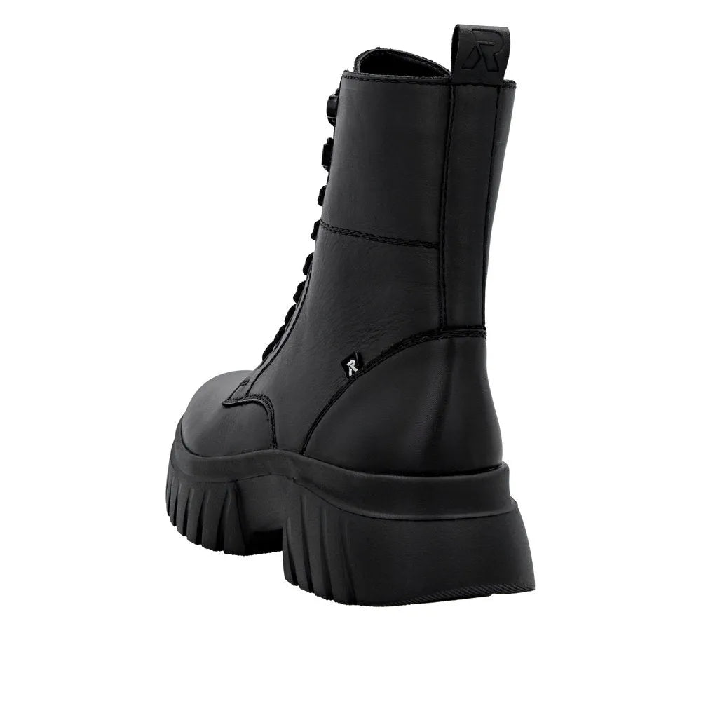 Rieker W1870-02 Ladies Black Leather Ankle Boots with Zip, Lace Closure, Thick Platform Sole, and Pull Tab for Easy Wear