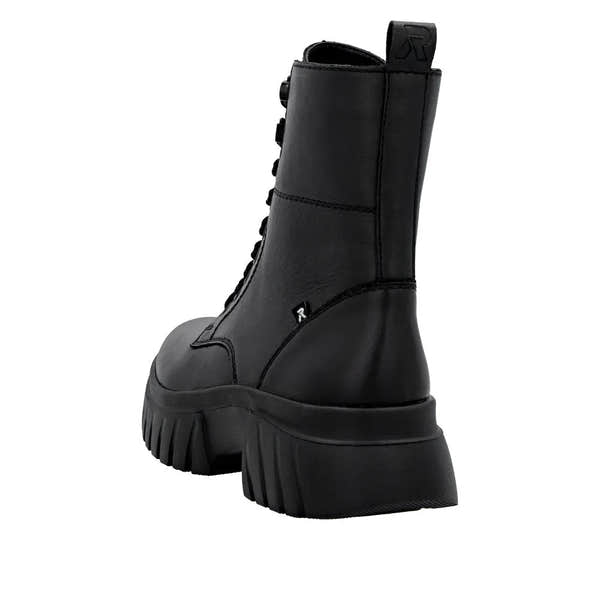 Rieker W1870-02 Ladies Black Leather Ankle Boots with Zip, Lace Closure, Thick Platform Sole, and Pull Tab for Easy Wear