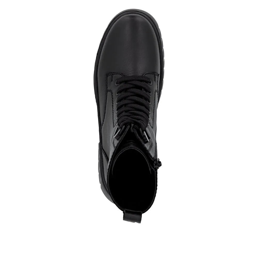 Rieker W1870-02 women's black leather ankle boots with zip and lace-up closure, stylish and comfortable footwear.