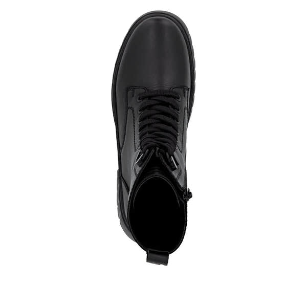 Rieker W1870-02 women's black leather ankle boots with zip and lace-up closure, stylish and comfortable footwear.