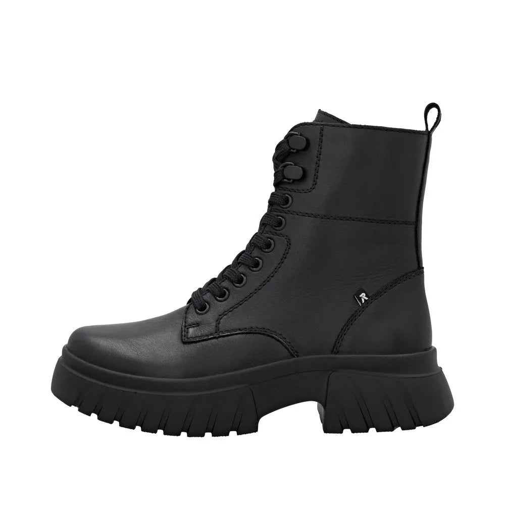 Rieker W1870-02 women's black leather ankle boots with lace-up and side zipper, chunky sole, and pull loop for easy wear.