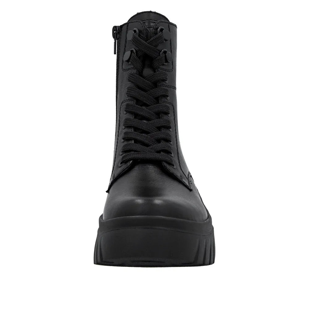 Rieker W1870-02 women's black leather ankle boots with zip and lace-up front, chunky sole, stylish and durable footwear.