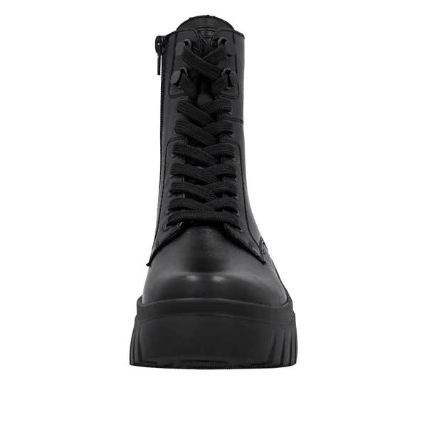 Rieker W1870-02 women's black leather ankle boots with zip and lace-up front, chunky sole, stylish and durable footwear.