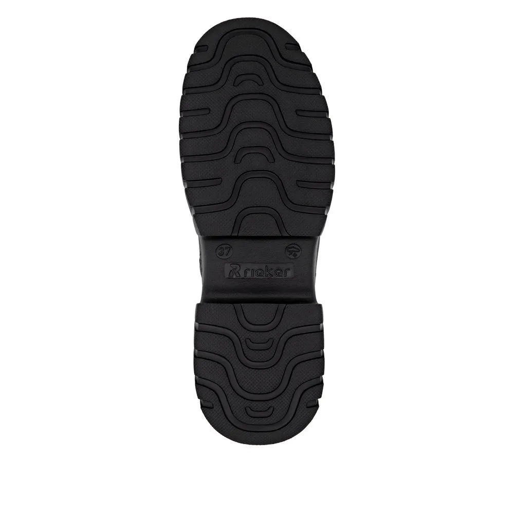 Rieker W1870-02 women's black leather ankle boots with zip and lace-up closure, chunky sole, and stylish design.