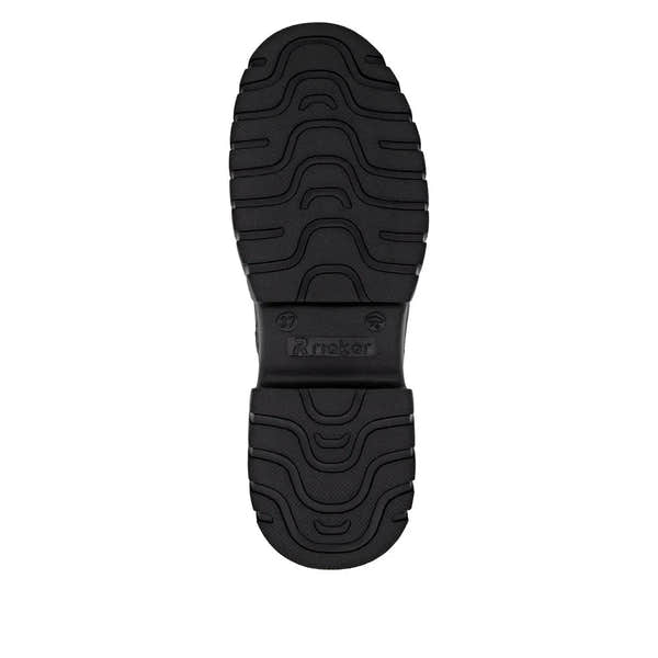 Rieker W1870-02 women's black leather ankle boots with zip and lace-up closure, chunky sole, and stylish design.