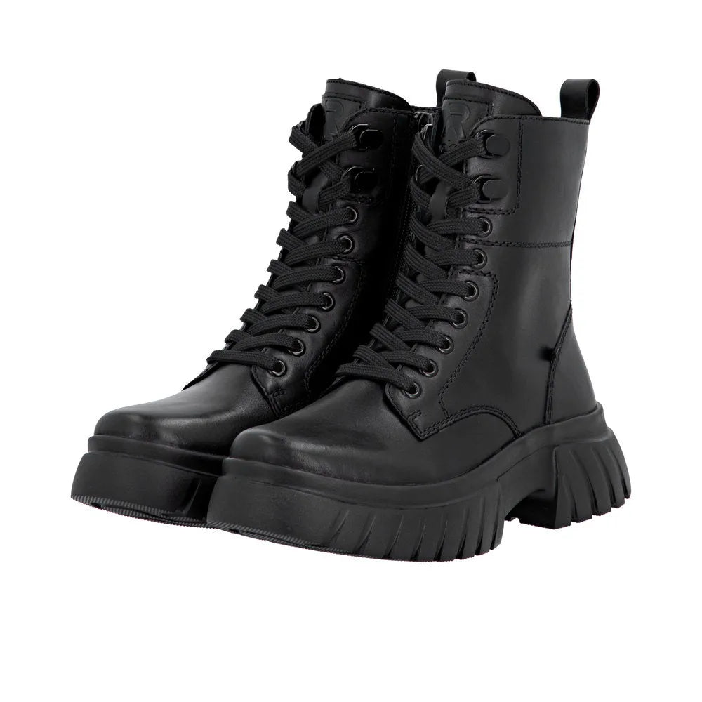 Rieker W1870-02 Ladies black leather ankle boots with lace-up front, side zip closure, chunky sole, and pull tab back.