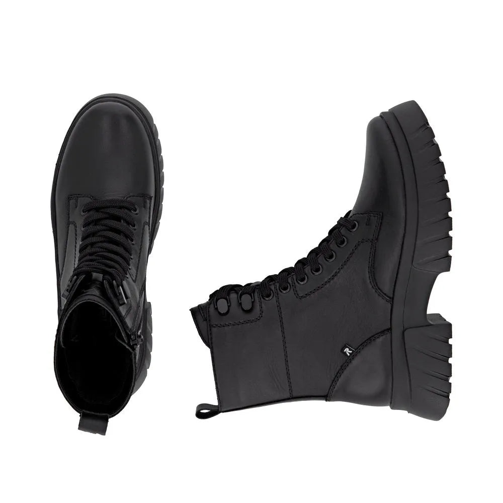 Rieker W1870-02 women's black leather ankle boots with lace-up and side zipper, rugged chunky sole, stylish and comfortable footwear.