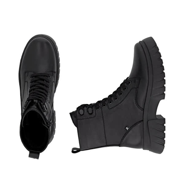 Rieker W1870-02 women's black leather ankle boots with lace-up and side zipper, rugged chunky sole, stylish and comfortable footwear.