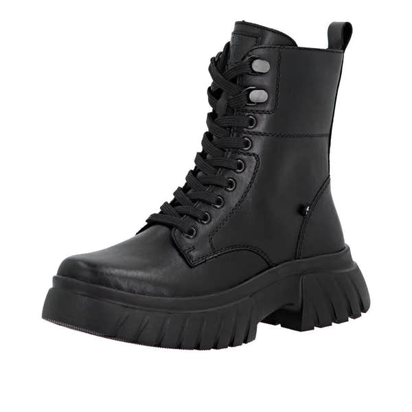 Rieker W1870-02 ladies black leather ankle boots with zipper, lace-up design, chunky sole, and pull-tab, stylish and durable footwear.