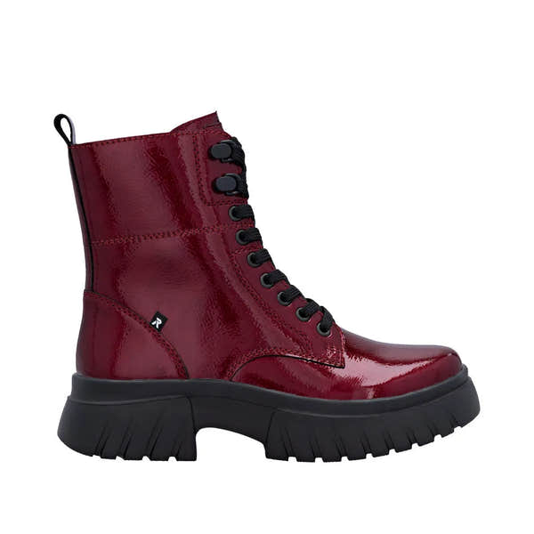 Rieker W1870-35 women's red patent leather ankle boots with lace-up and zip closure, chunky black sole, stylish and durable design.