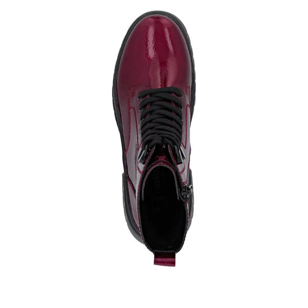 Rieker W1870-35 women's red patent leather ankle boots with lace-up and side zipper.