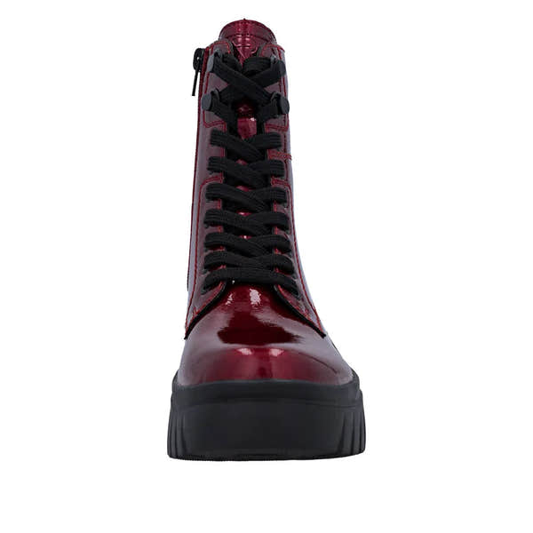 Rieker W1870-35 women's red patent leather ankle boots with black laces, zip, and lace-up design.