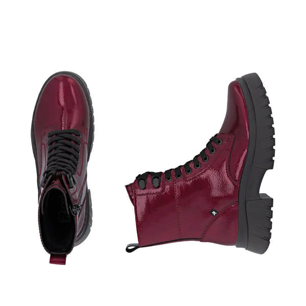 Rieker W1870-35 women's red patent leather ankle boots with zip and laces, chunky black sole, stylish and durable footwear.