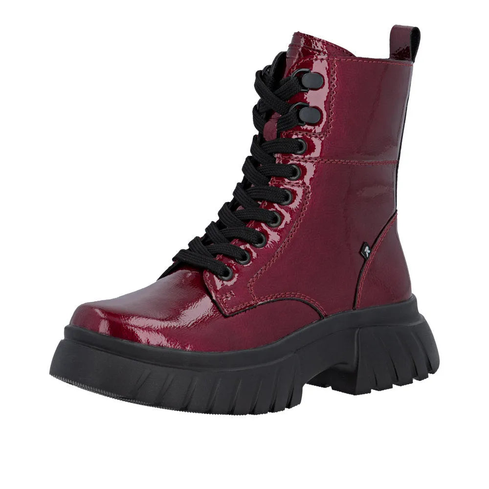 Rieker W1870-35 women's red patent leather ankle boots with lace-up and zip fastening, chunky black sole, stylish and durable footwear.