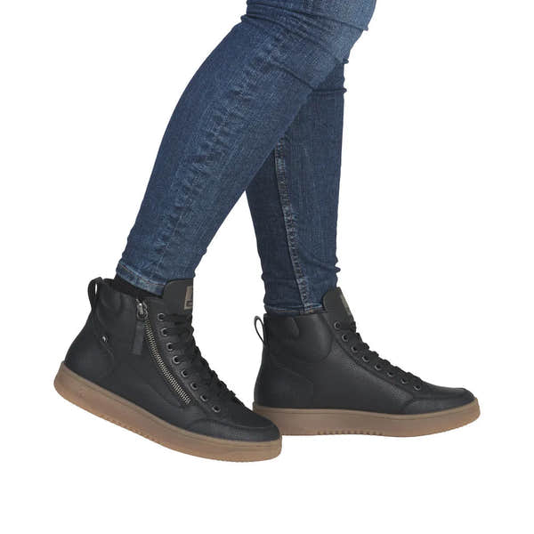 Rieker W1971-00 women's black leather ankle boots with zip and lace-up design, rubber sole, stylish and comfortable footwear.