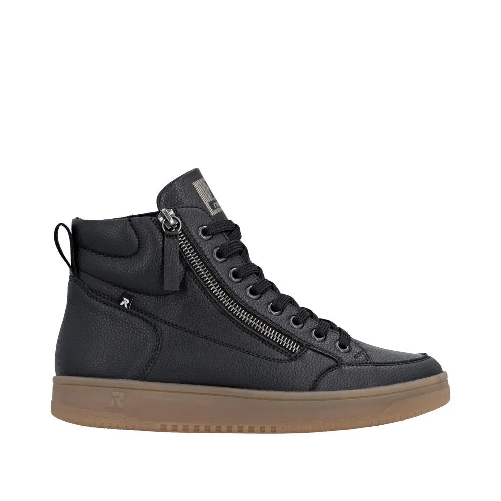 Rieker W1971-00 women's black leather ankle boots with zip and lace-up detail, beige rubber sole, stylish casual footwear.