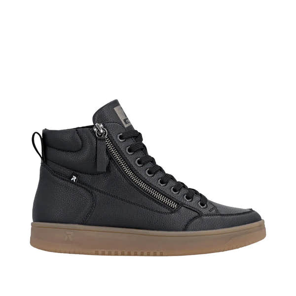 Rieker W1971-00 women's black leather ankle boots with zip and lace-up detail, beige rubber sole, stylish casual footwear.