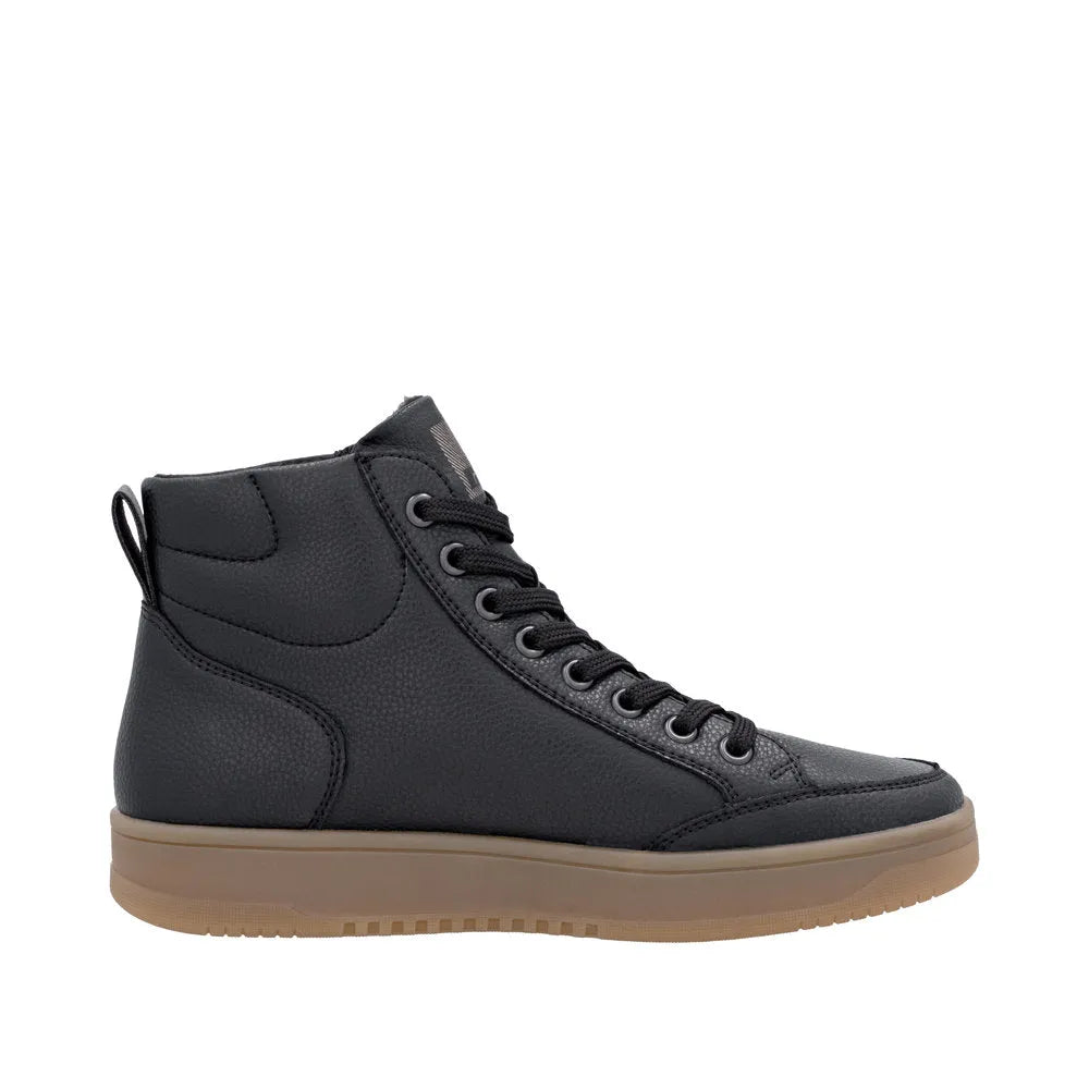 Rieker W1971-00 women's black leather ankle boot with zip and lace-up closure, beige sole, stylish casual footwear.