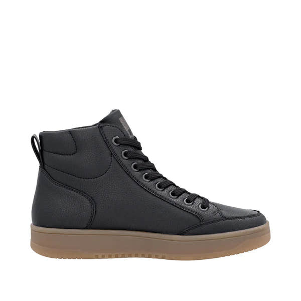 Rieker W1971-00 women's black leather ankle boot with zip and lace-up closure, beige sole, stylish casual footwear.
