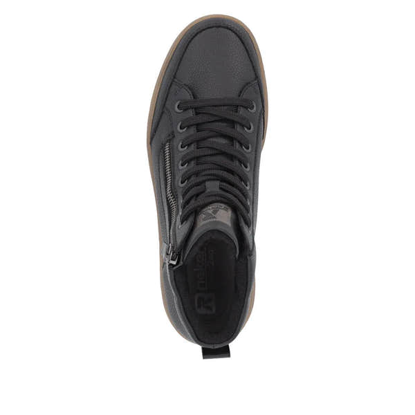 Rieker W1971-00 women's black leather ankle boots with zip and lace-up closure, rugged sole, and stylish design.
