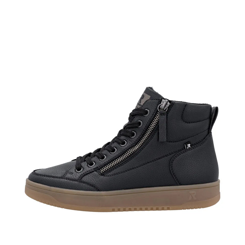 Rieker W1971-00 women's black leather ankle boots with zipper and lace-up design, cushioned sole, and gum-colored rubber outsole.