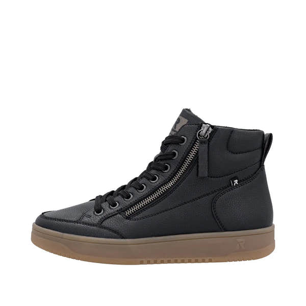 Rieker W1971-00 women's black leather ankle boots with zipper and lace-up design, cushioned sole, and gum-colored rubber outsole.