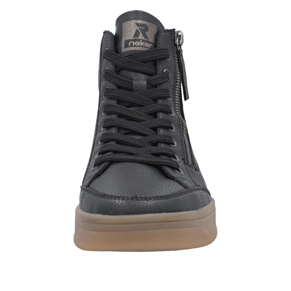 Rieker W1971-00 women's black leather ankle boots with zip and lace-up closure, gum sole, stylish and comfortable footwear.