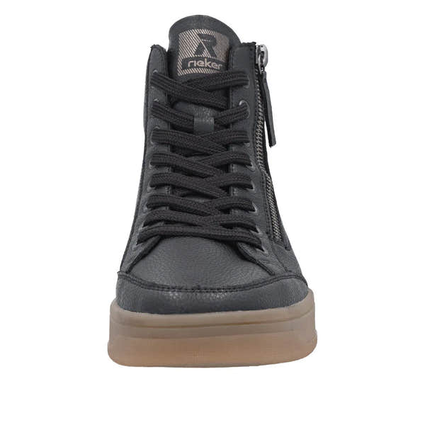 Rieker W1971-00 women's black leather ankle boots with zip and lace-up closure, gum sole, stylish and comfortable footwear.