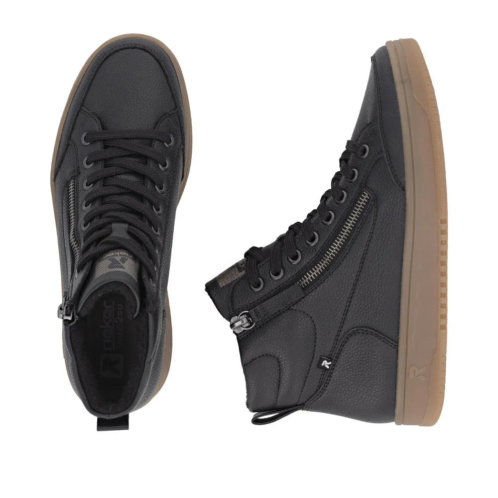 Rieker W1971-00 ladies black leather ankle boots with zip and lace-up closure, rubber sole, stylish and comfortable footwear.