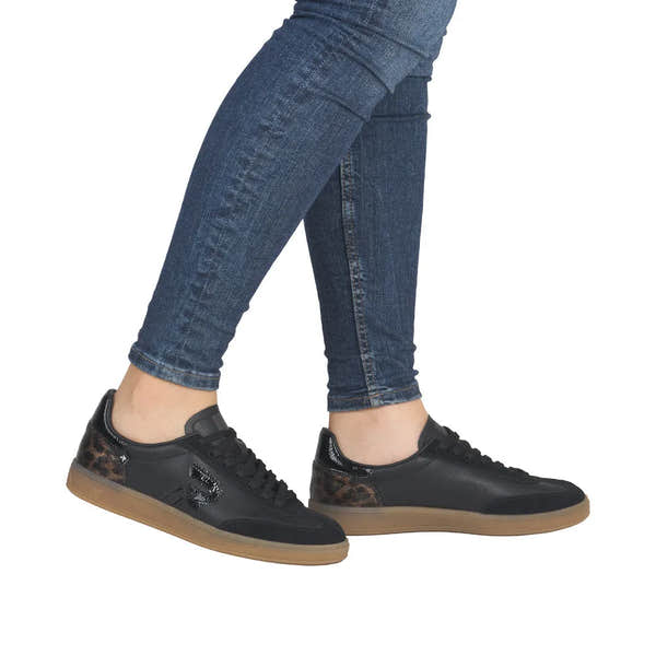 Rieker W2200-03 women's black leather lace-up trainers with leopard print accents and tan sole.