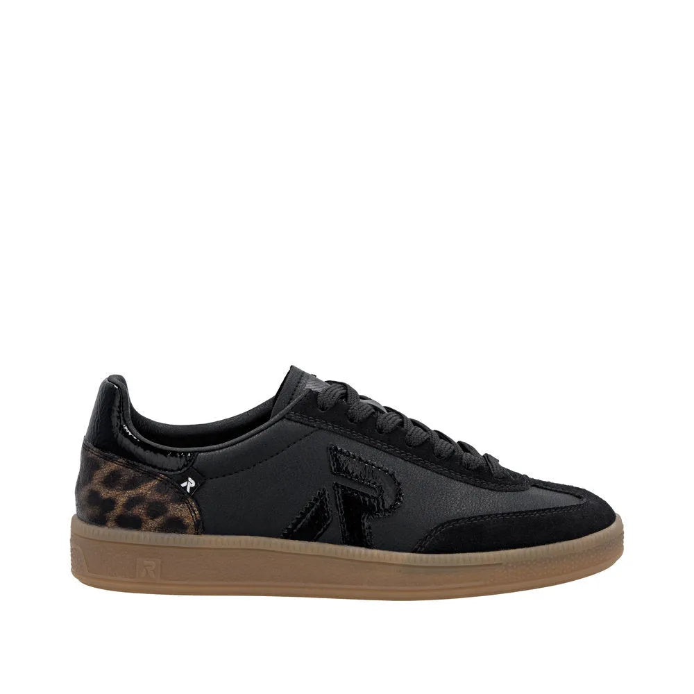 Rieker W2200-03 women's black leather lace-up trainers with leopard print heel accent and gum sole.