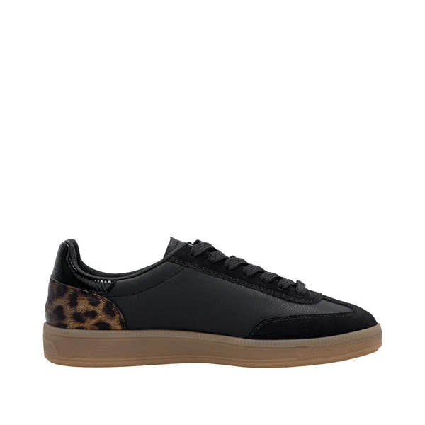Rieker W2200-03 women's black leather lace-up trainers with leopard print heel detail and beige rubber sole.