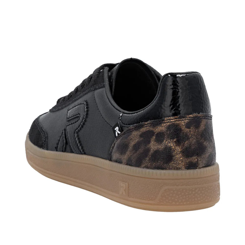 Rieker W2200-03 women's black leather lace-up trainers with tan and animal print heel detail and beige rubber sole.