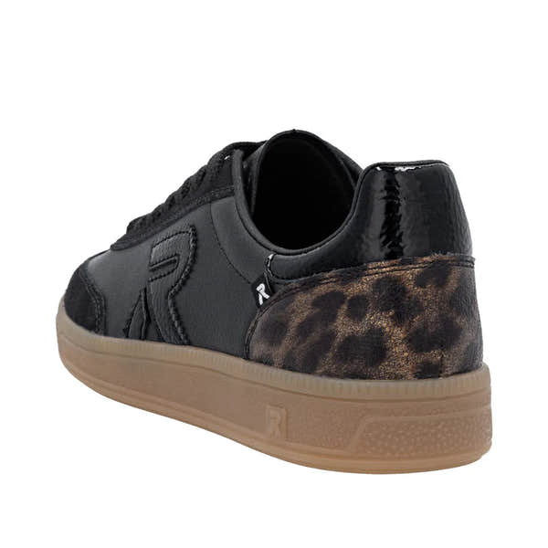 Rieker W2200-03 women's black leather lace-up trainers with tan and animal print heel detail and beige rubber sole.