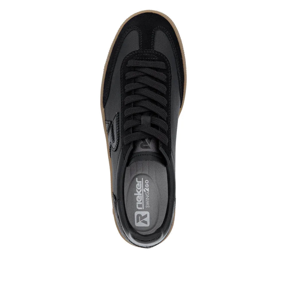 Rieker W2200-03 Ladies Black Leather Lace-Up Trainers, stylish casual sneakers with black leather upper and comfortable design.