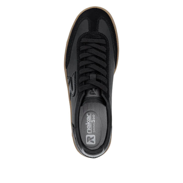 Rieker W2200-03 Ladies Black Leather Lace-Up Trainers, stylish casual sneakers with black leather upper and comfortable design.