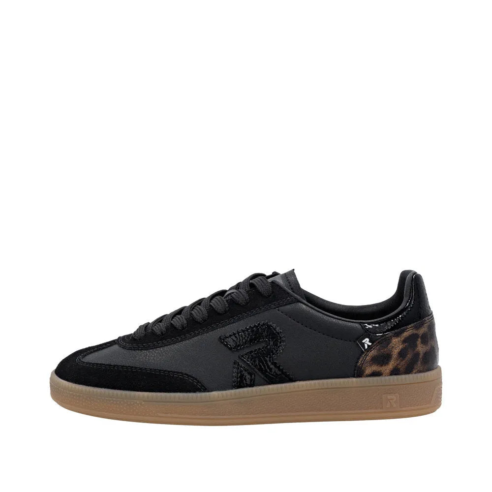 Rieker W2200-03 women's black leather lace-up trainers with leopard print accents and beige rubber sole.