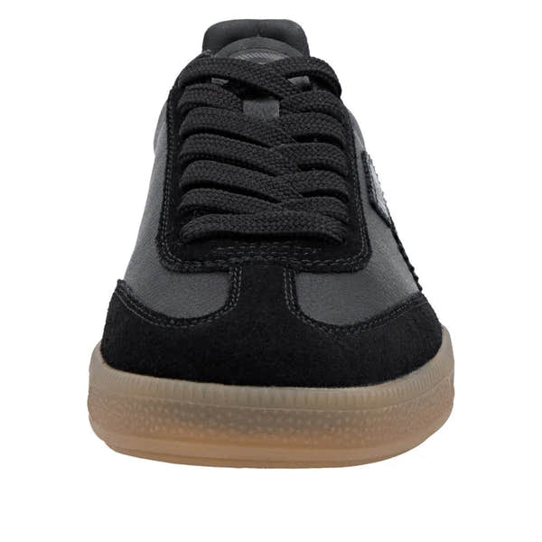 Rieker W2200-03 women's black leather lace-up trainers with beige rubber sole.
