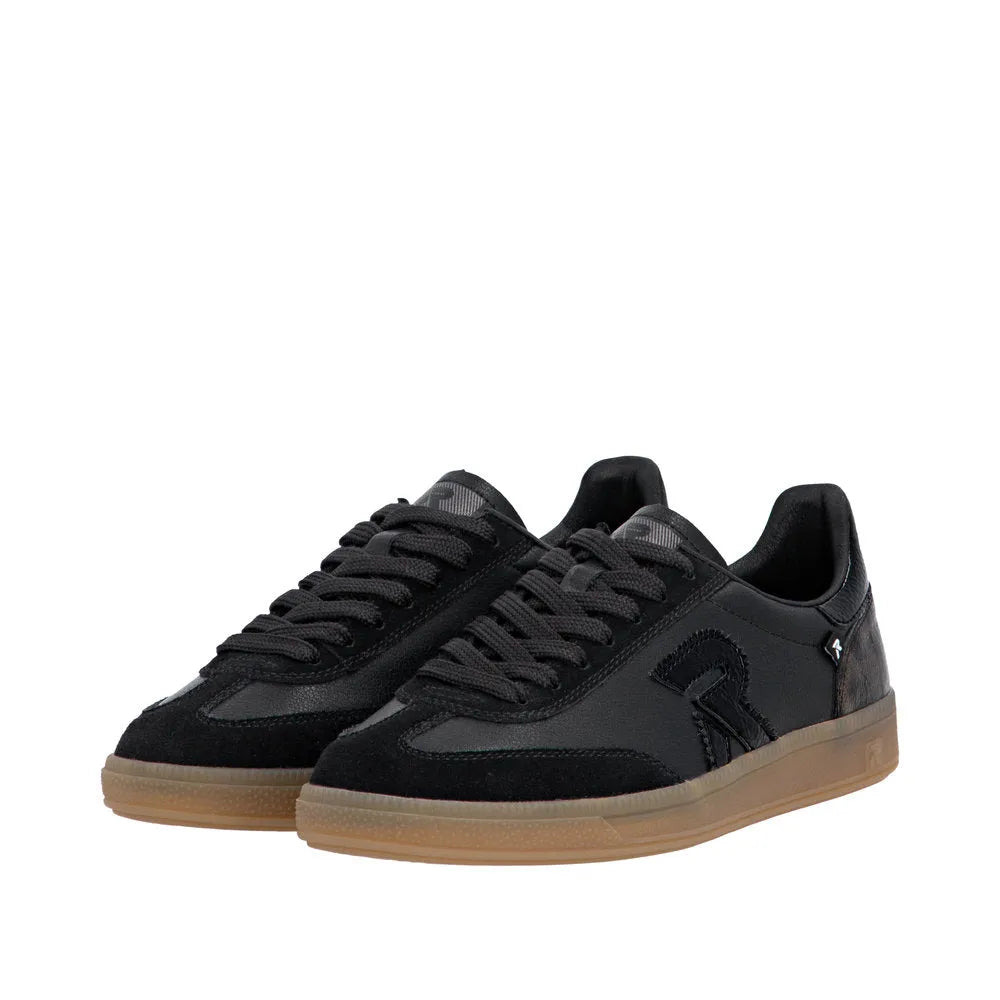 Rieker W2200-03 women's black leather lace-up trainers with gum sole, stylish casual footwear.