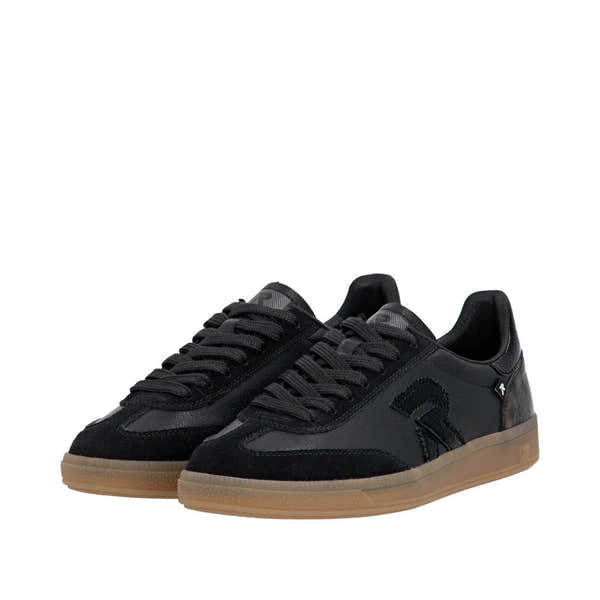 Rieker W2200-03 women's black leather lace-up trainers with gum sole, stylish casual footwear.