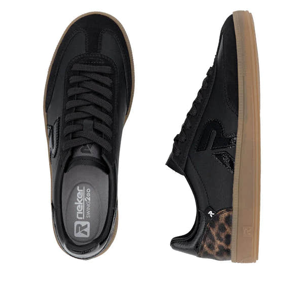 Black leather lace-up trainers for women with leopard print accents and gum sole, Rieker W2200-03.