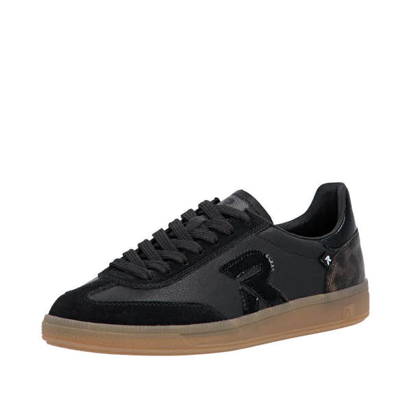 Rieker W2200-03 women's black leather lace-up trainers with tan rubber sole, stylish and comfortable casual footwear.