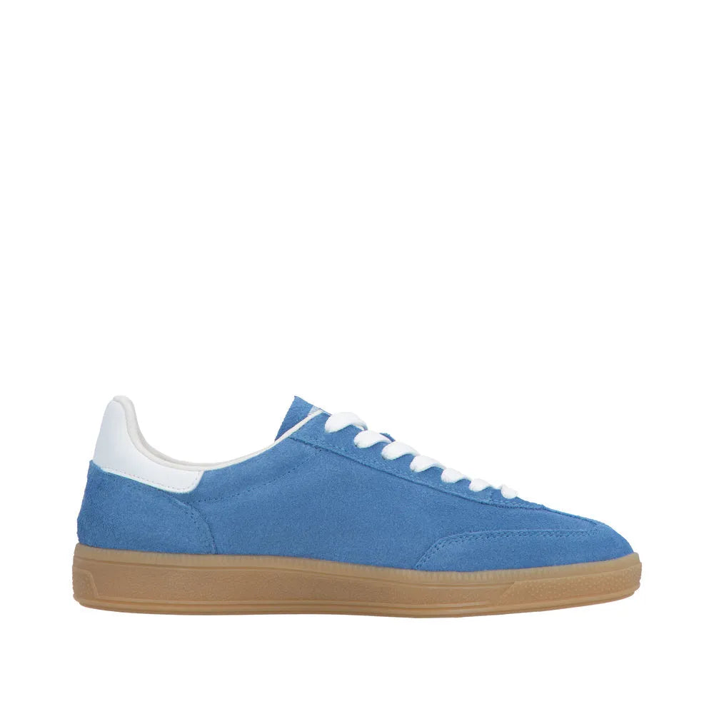 Light blue suede lace-up trainers with white accents and a gum sole, designed for wide-fit women's feet.