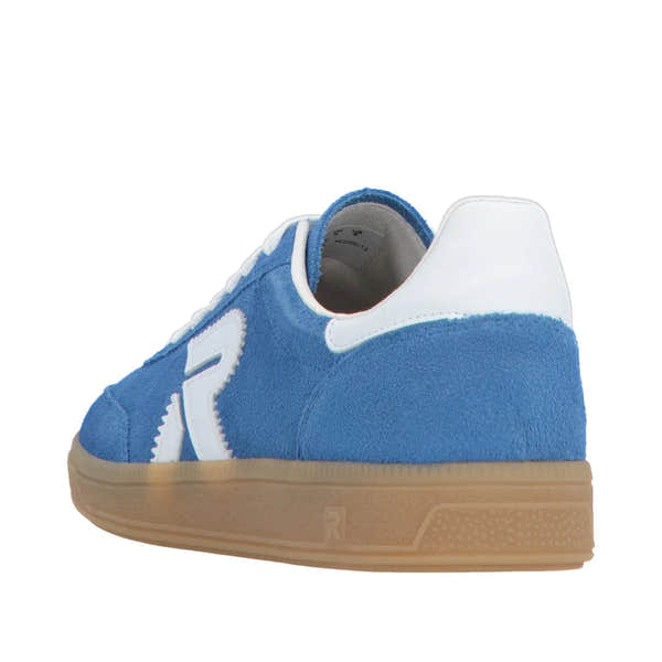 Blue suede lace-up trainer with white leather accents and a tan rubber sole.
