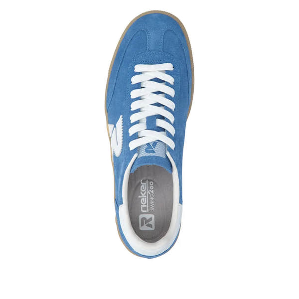 Light blue suede lace-up trainer with white laces, side logo, and rubber sole.