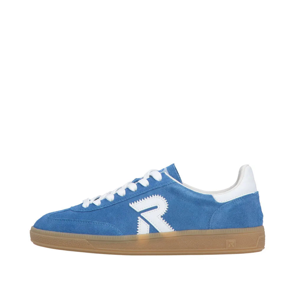 Light blue suede lace-up trainers with white accents, wide fit, and a tan rubber sole.