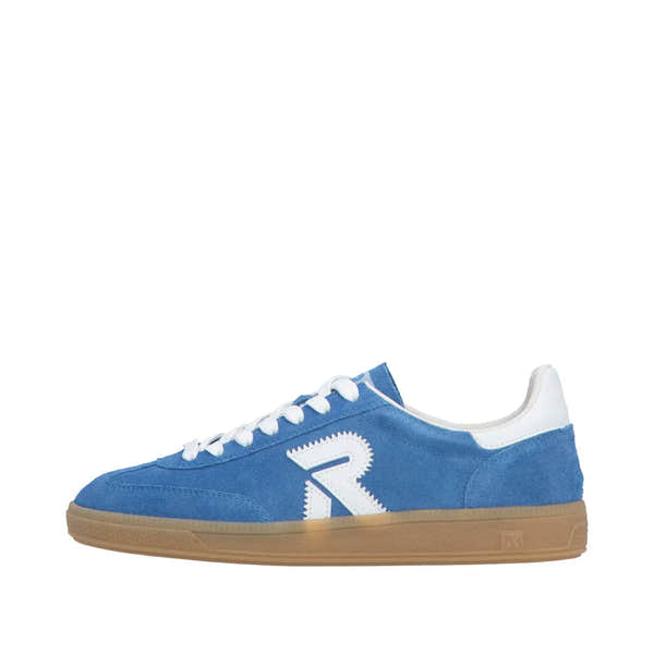 Light blue suede lace-up trainers with white accents, wide fit, and a tan rubber sole.