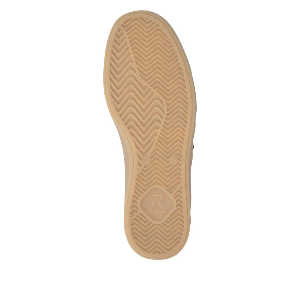 Light blue suede lace-up trainer with a beige rubber sole, textured tread, and cushioned comfort.
